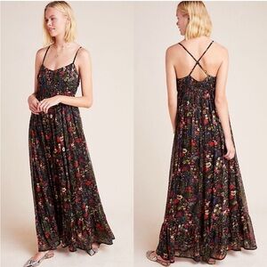 Anthropologie Payal Jain Floral Massima Pleated Maxi Sun Dress Black Botanical